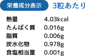 栄養成分表示　3粒あたり　熱量　　　 	  4.03kcal たんぱく質 0.016g 脂質　0.006g 炭水化物　0.978g 食塩相当量 0.001g